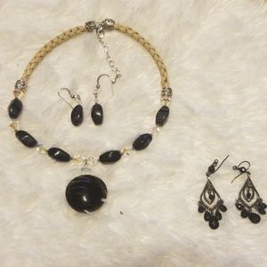 Black glass bead necklace with earrings PLUS bonus
